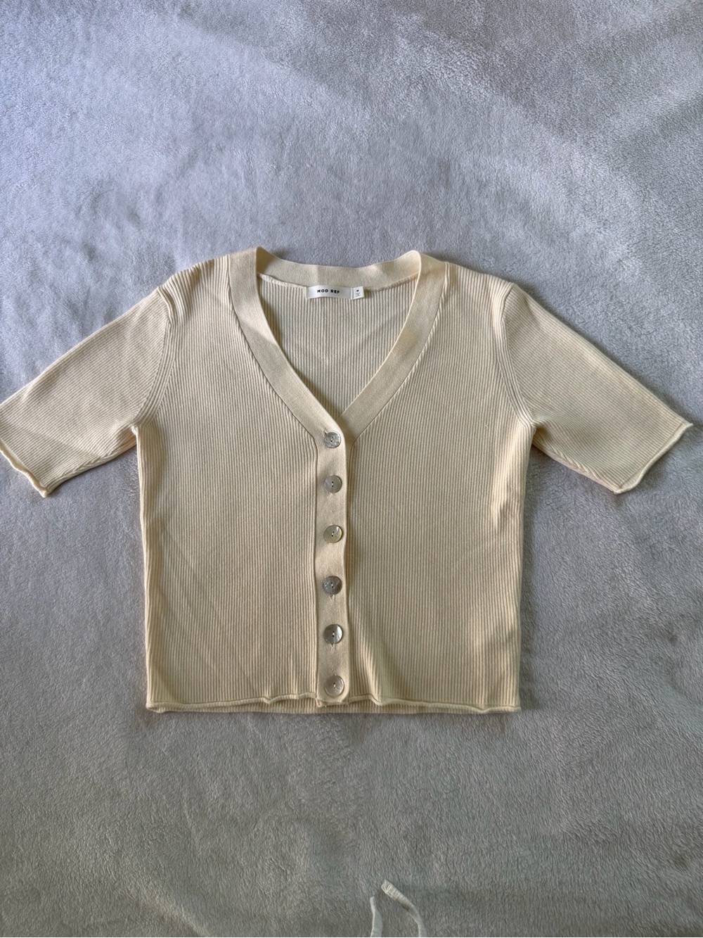 Mod Ref Soft Ribbed V-Neck Button Front Top - Cream